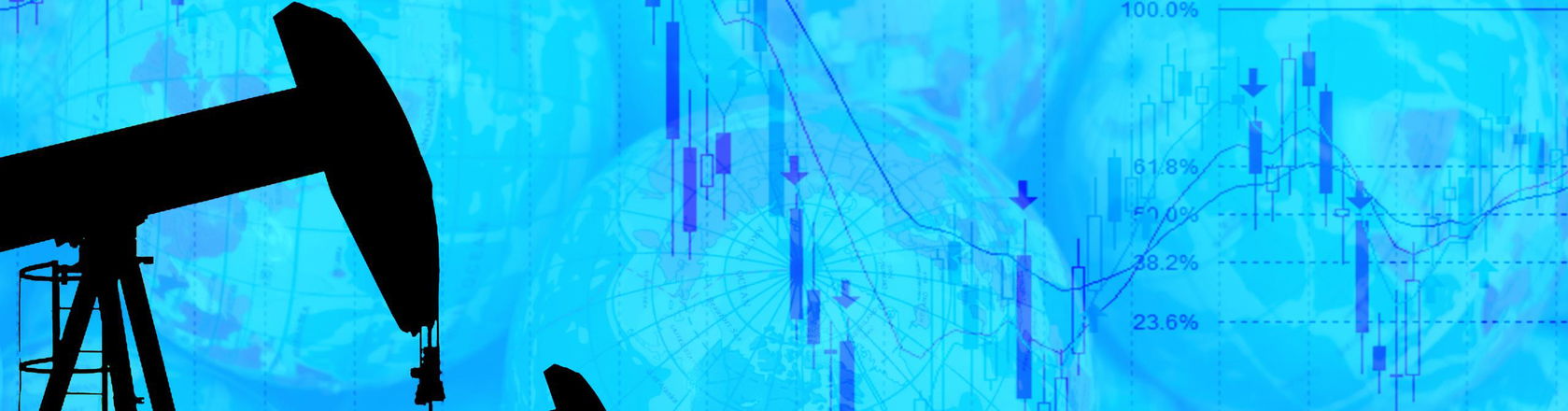 Working oil pumps against financial data graph chart on blue background