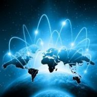 Globe and world map made of lines and dots on dark blue background